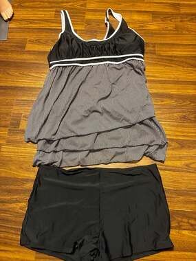 Rosewe Striped Tiered Tankini Swimdress and Boyshorts Set